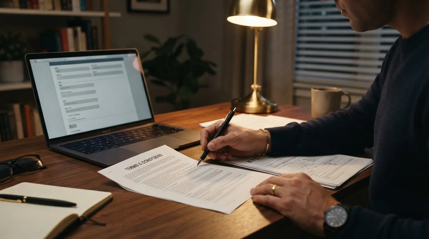 Osoba u počítače kontrolující dokument s označením "KYC" a "Terms & Conditions"