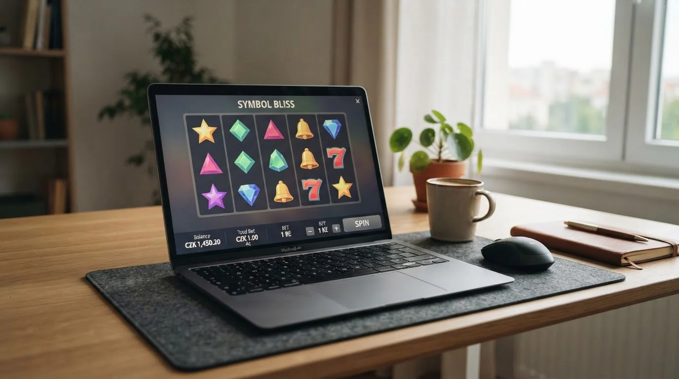 Notebook s otevřeným online slotem s minimální sázkou 1 Kč per spin