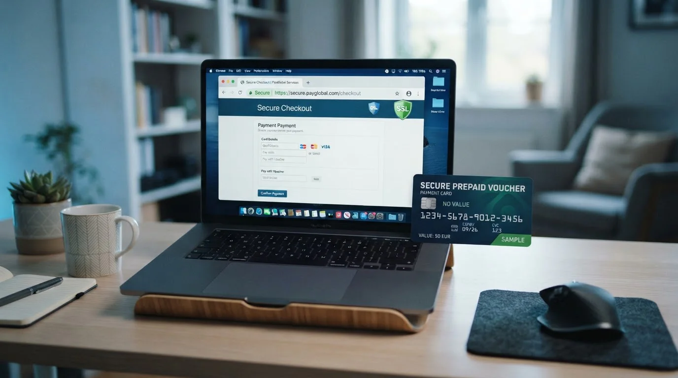Zámek a štít symbolizující SSL šifrování na obrazovce s paysafecard logem