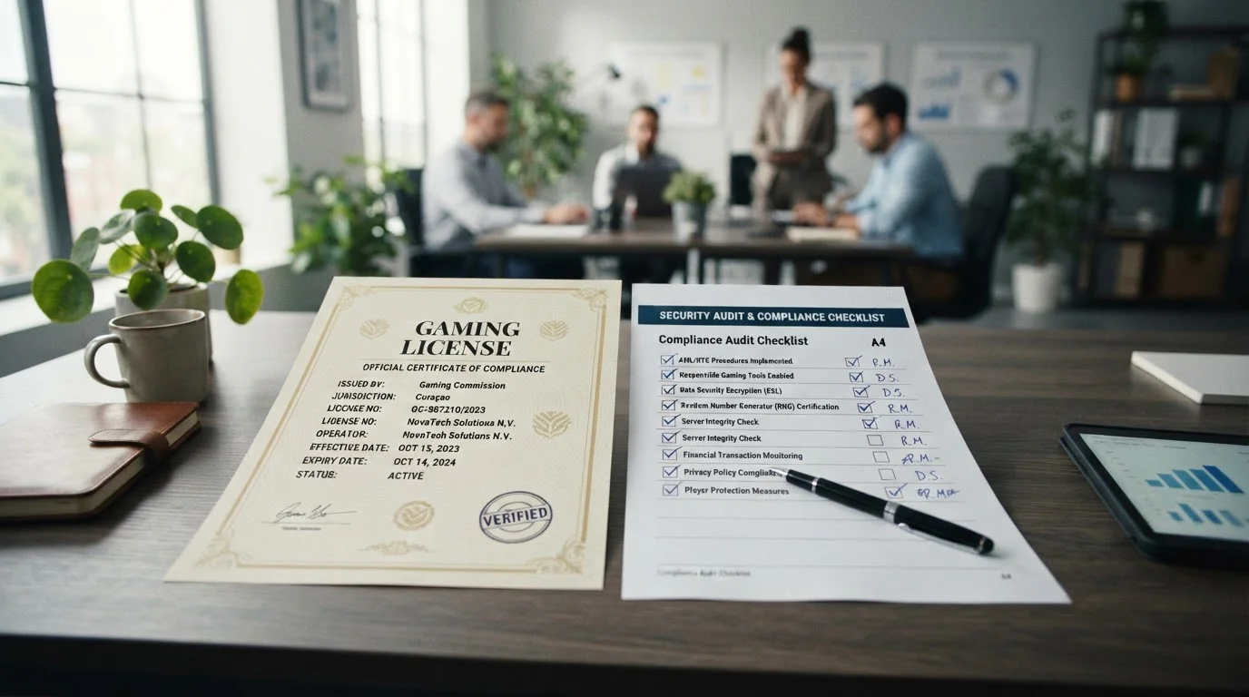 Dokument s oficiální licencí Curaçao Gaming Authority a checklist bezpečnostních kritérií