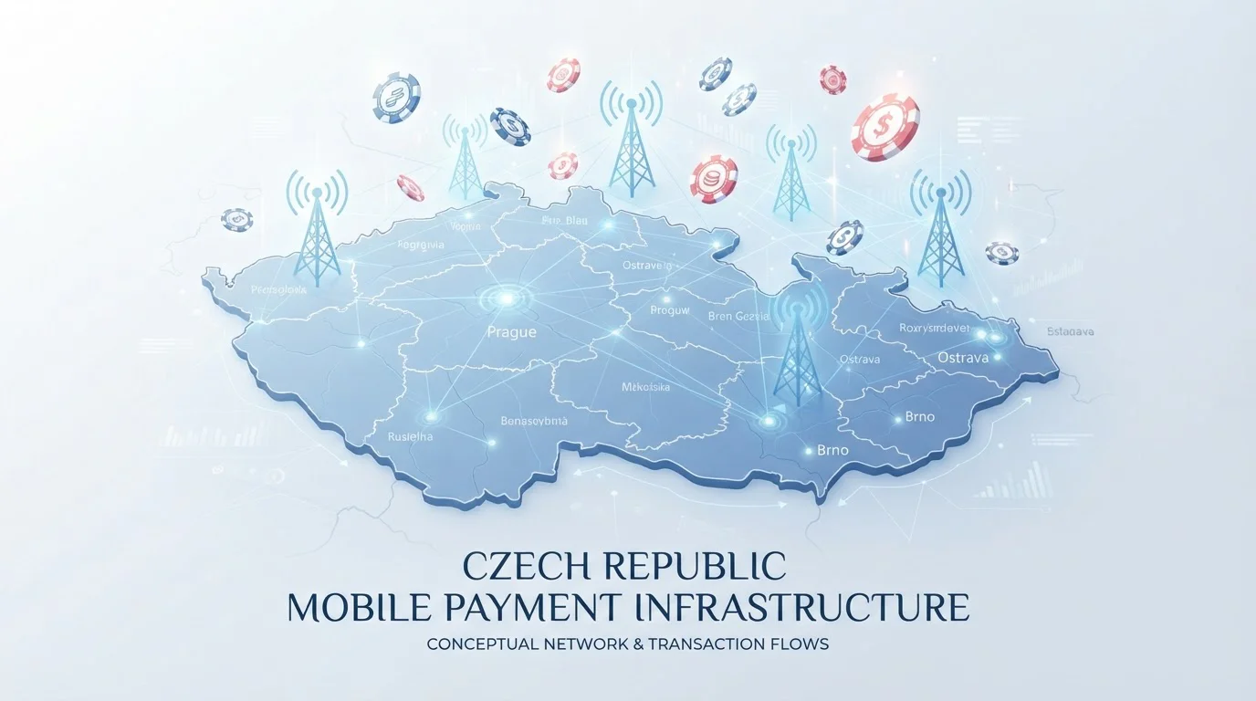 Mapa České republiky s ikonami mobilních operátorů a casino symboly