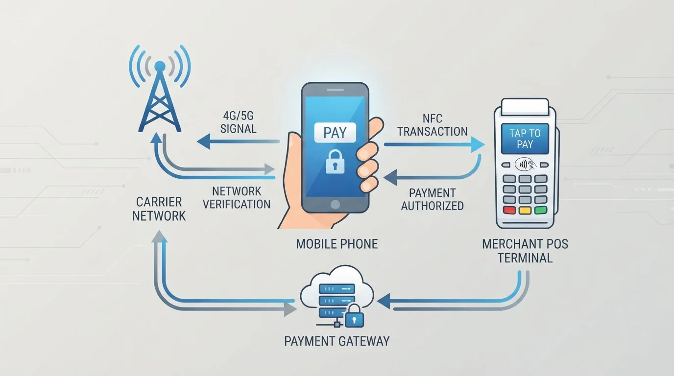 Schéma direct carrier billing s mobilním telefonem a casino transakční flow