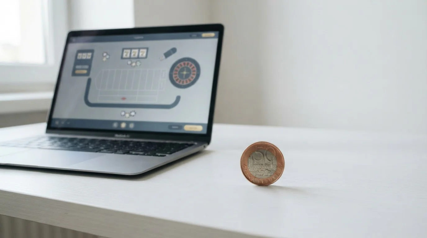 Padesátikorunová mince na čistém stole vedle otevřeného notebooku