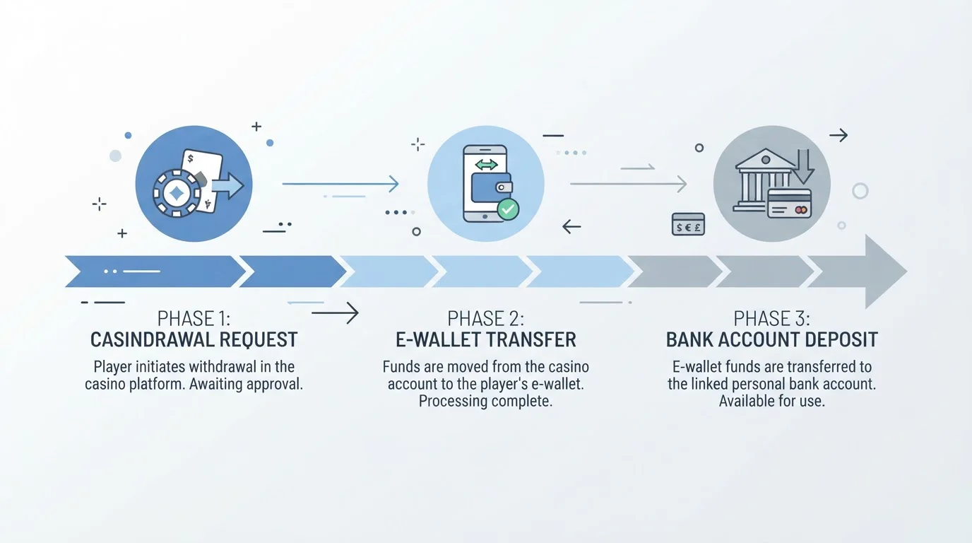 Dokumenty znázorňující withdrawal timeline od kasina přes e-wallet k bankovnímu účtu