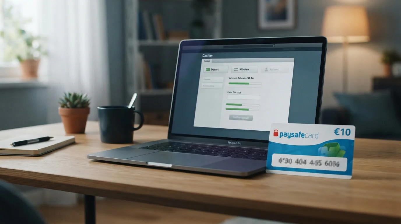 Předplacený paysafecard kód na stole vedle notebooku s otevřeným online casinem