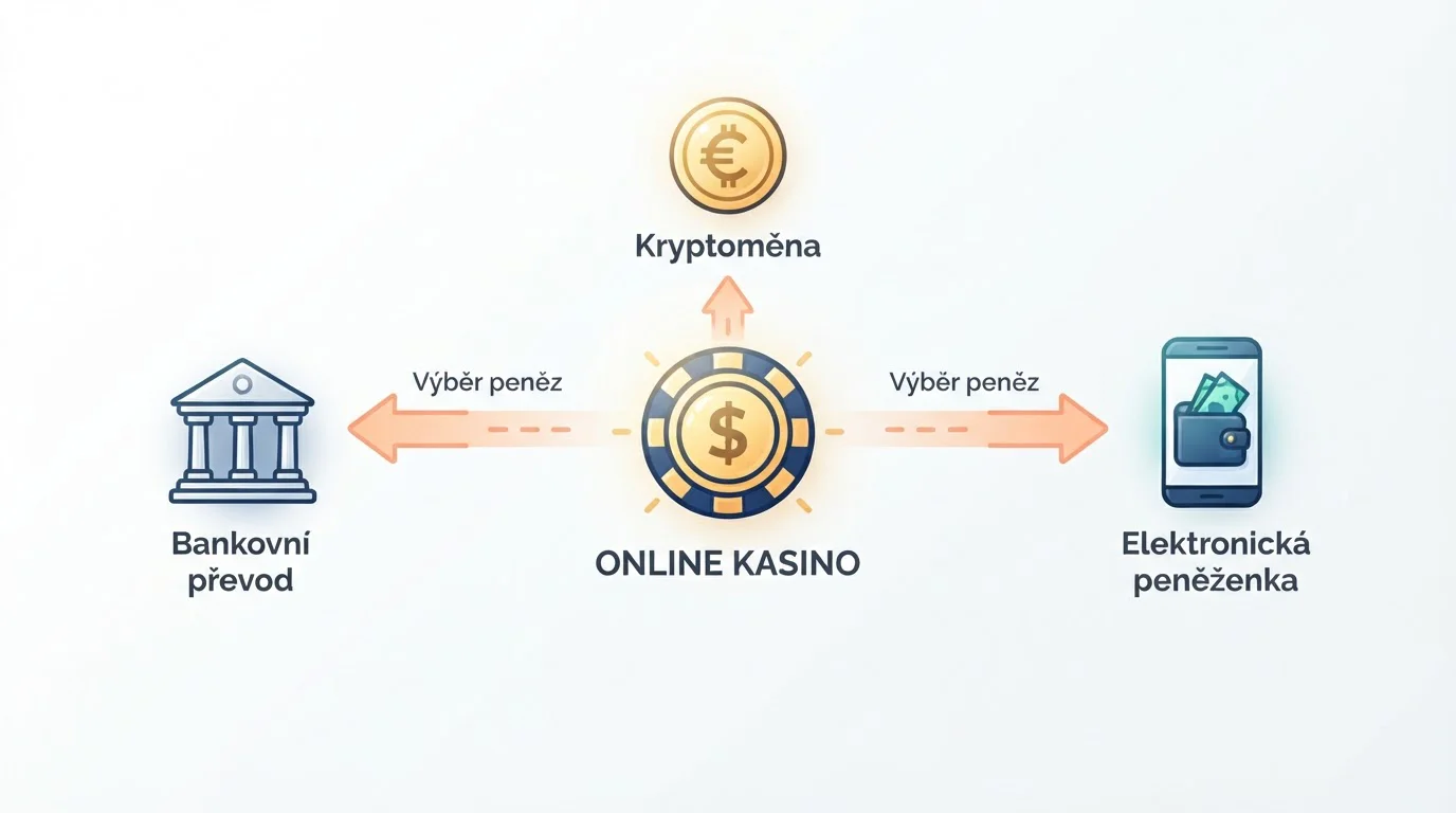 Diagram toku peněz při výběru výher z online kasina různými metodami