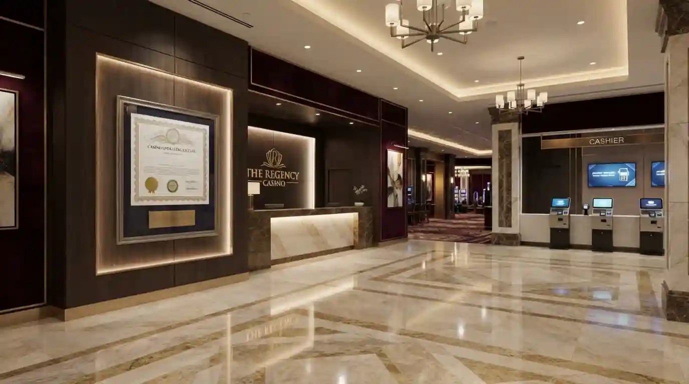 Elegantní casino lobby s českým licenčním certifikátem a moderními platebními terminály