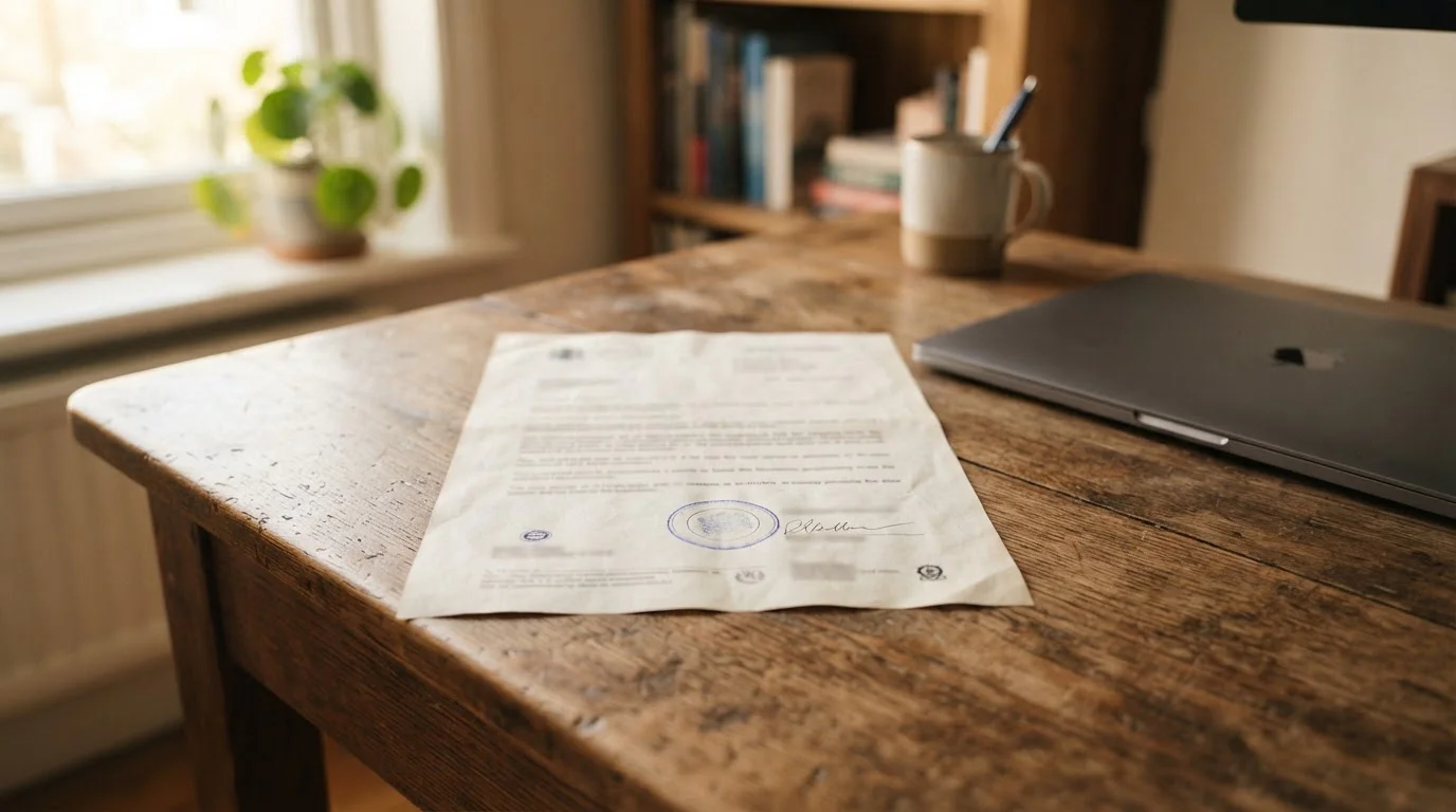 Úřední dokument s povolením k provozování hazardních her leží na stole vedle notebooku