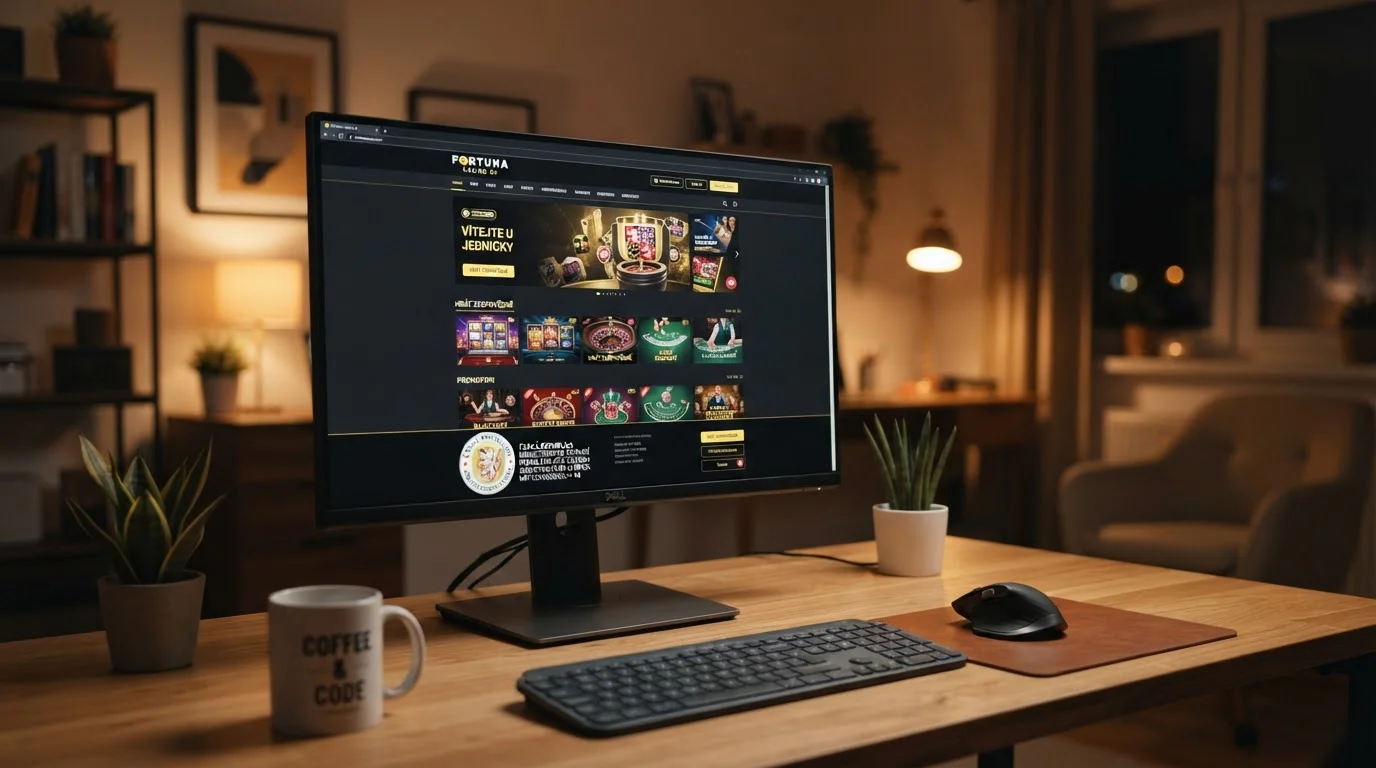 Online kasino zobrazené na počítači s ikonou licence Ministerstva financí ČR