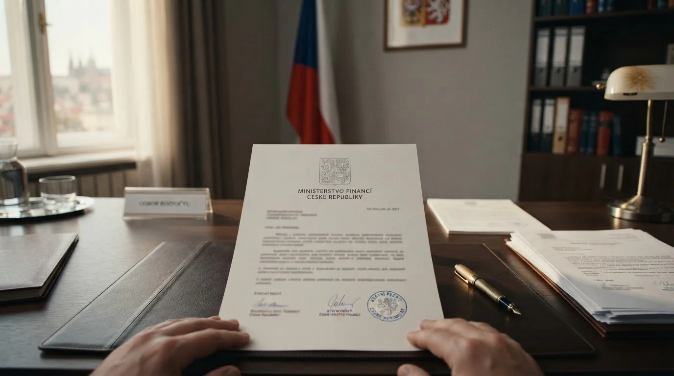 Symbolická reprezentace české gambling regulace — úřední prostředí s dokumenty a pečetí Ministerstva financí ČR, profesionální fotografie