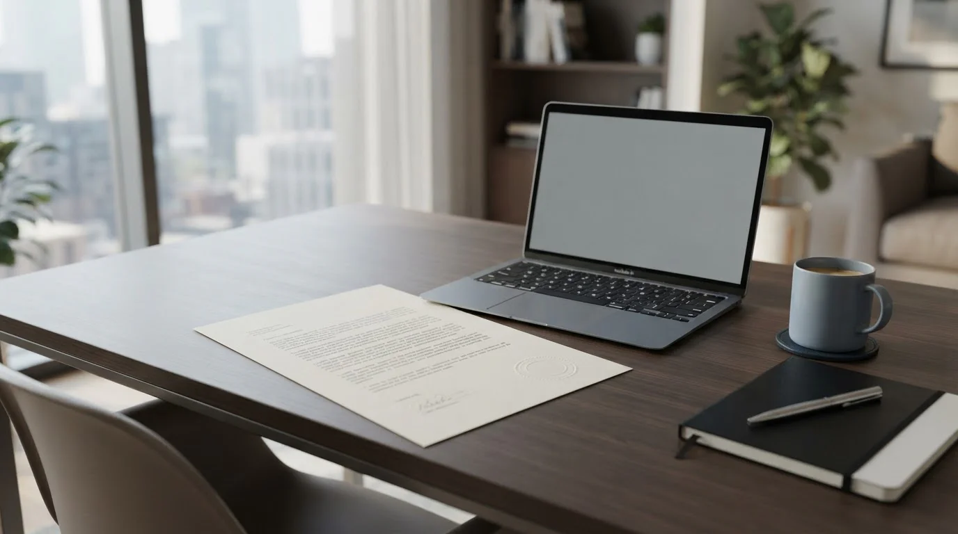 Kancelářský stůl s úředním dokumentem a razítkem vedle notebooku s neutrální obrazovkou