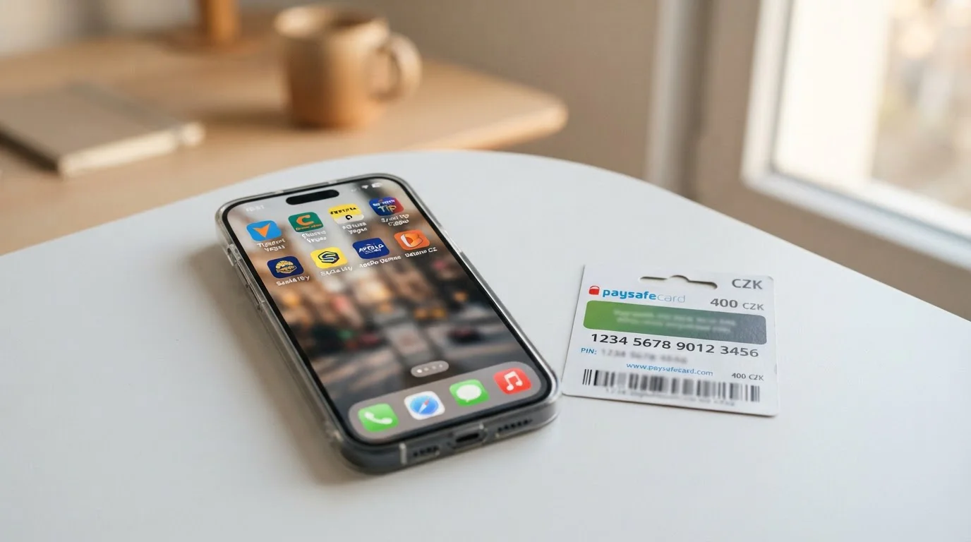 Mobilní telefon s aplikacemi českých kasin a Paysafecard voucher