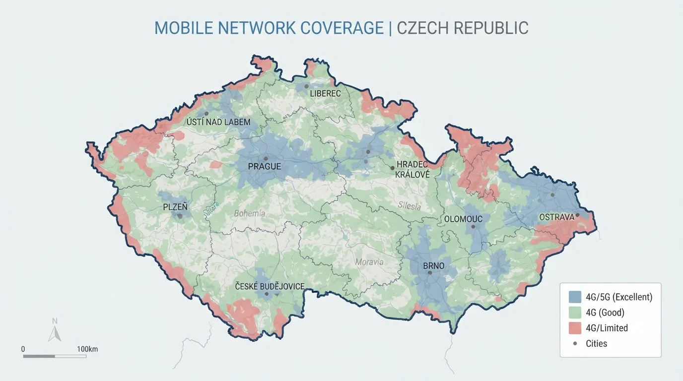 Mapa České republiky s označením pokrytí mobilních operátorů