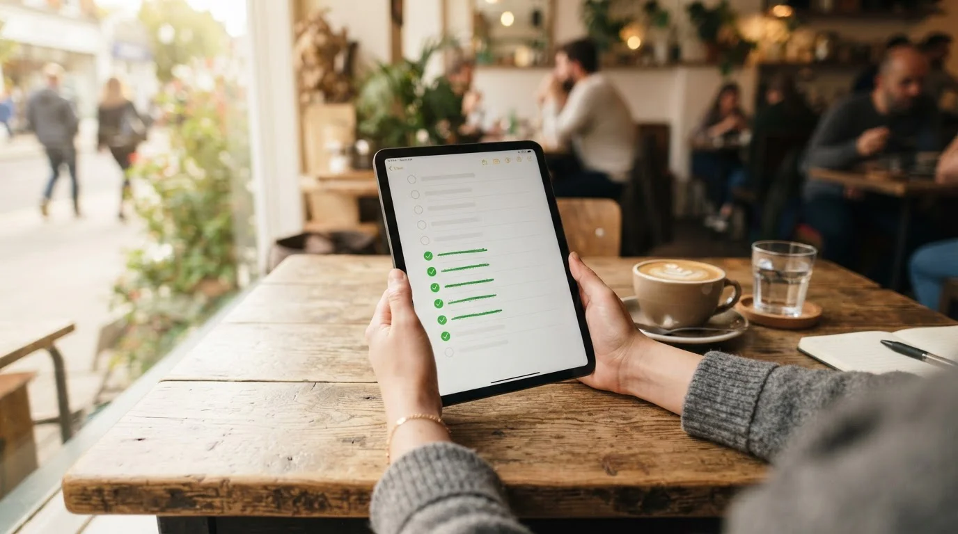 Osoba s tabletem kontrolující checklist v kavárně