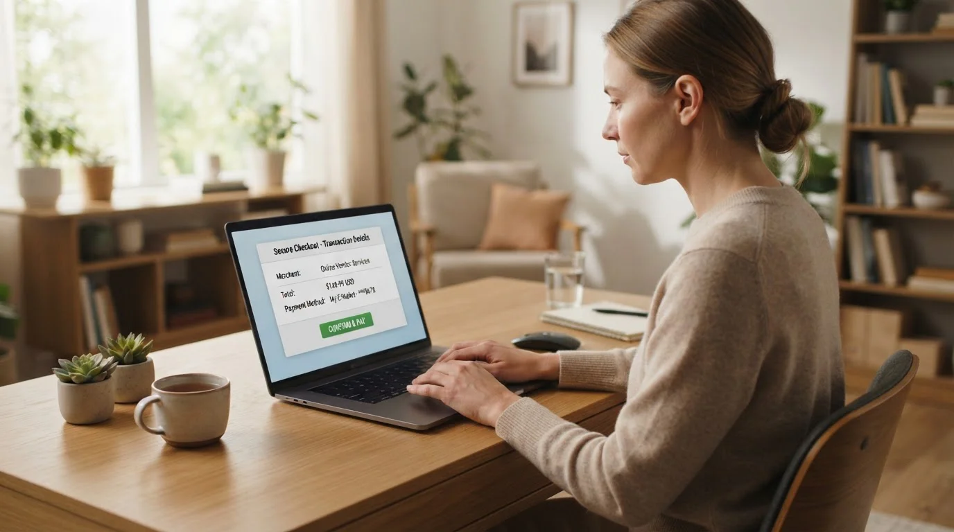 Osoba u počítače provádějící online vklad do kasina přes e-peněženku