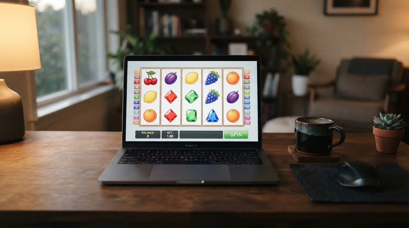 Notebook zobrazující mřížku slotových válců bez konkrétních značek v online kasinu