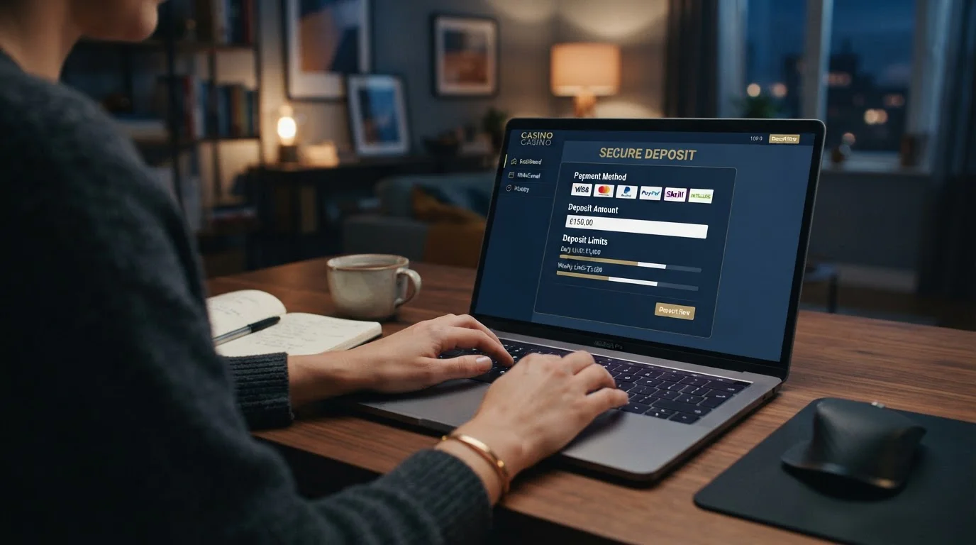 Osoba u notebooku kontrolující deposit limit nastavení v casino účtu