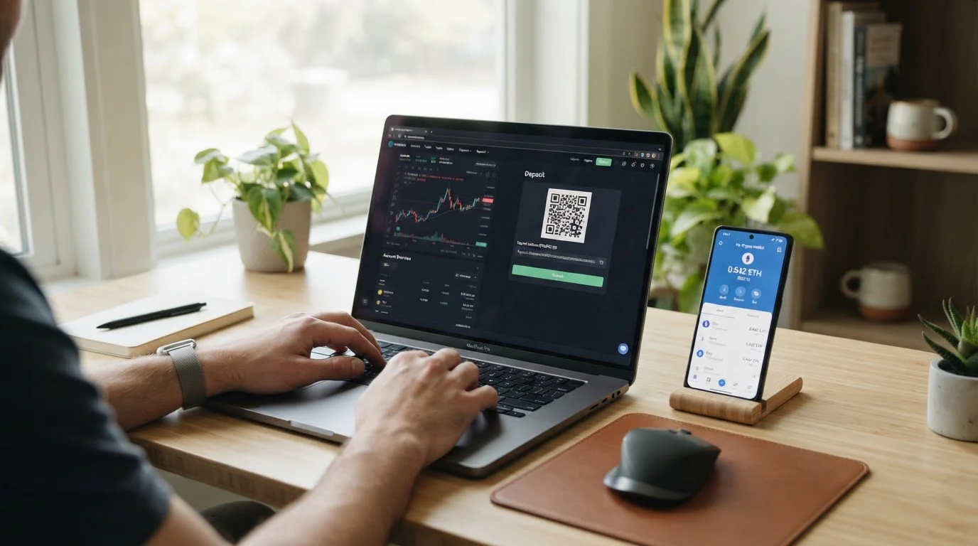 Mobilní telefon s Trust Wallet aplikací a notebookem zobrazujícím krypto burzu