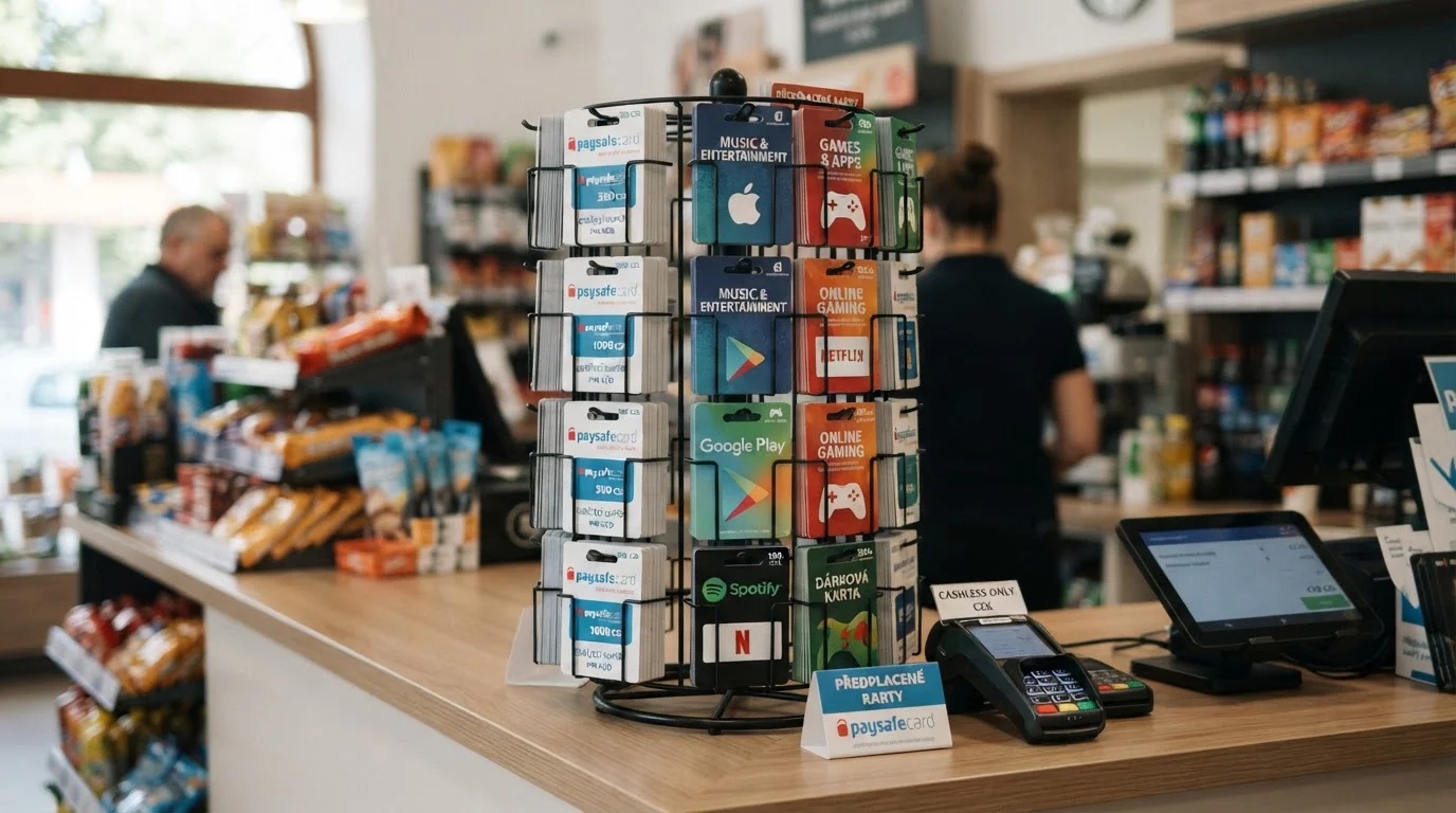 Prodejna s paysafecard kupóny na pultu vedle jiných předplacených karet
