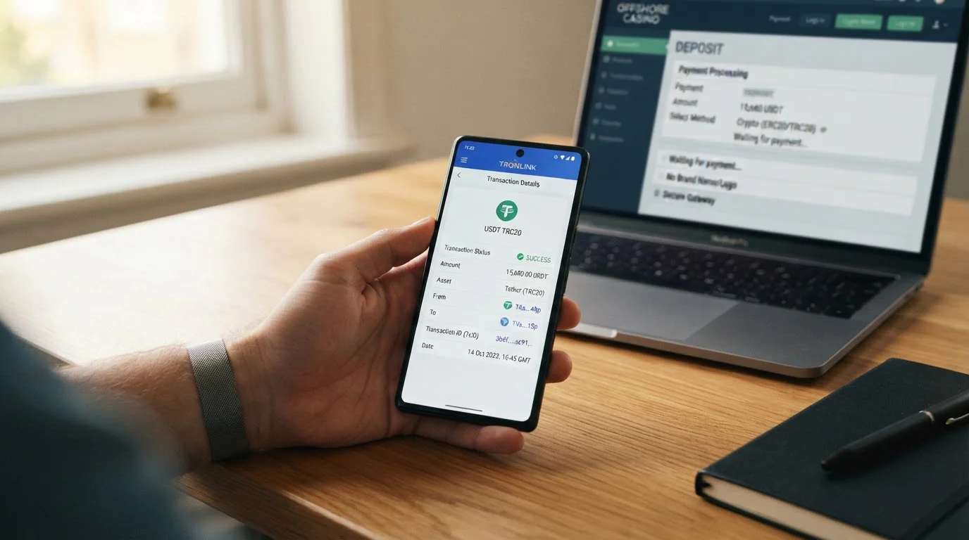 Smartphone zobrazující crypto wallet s USDT transakcí, notebook s offshore kasinem v pozadí