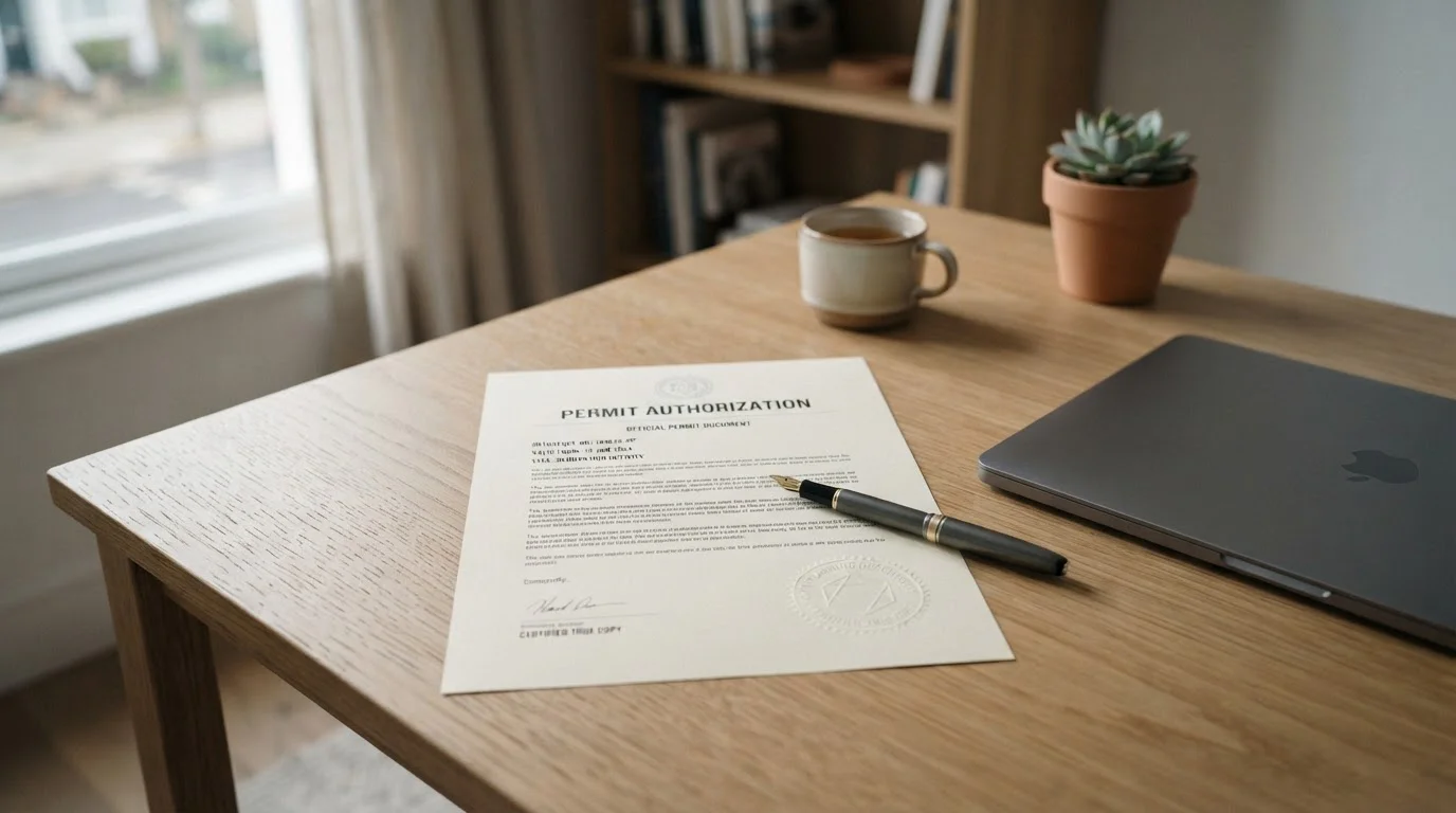 Úřední dokument s razítkem povolení vedle notebooku jako symbol legálního kasina
