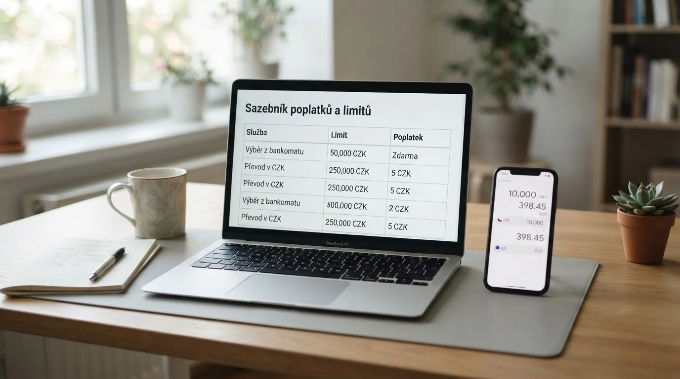 Tabulka s limity a poplatky paysafecard v českých korunách na obrazovce notebooku