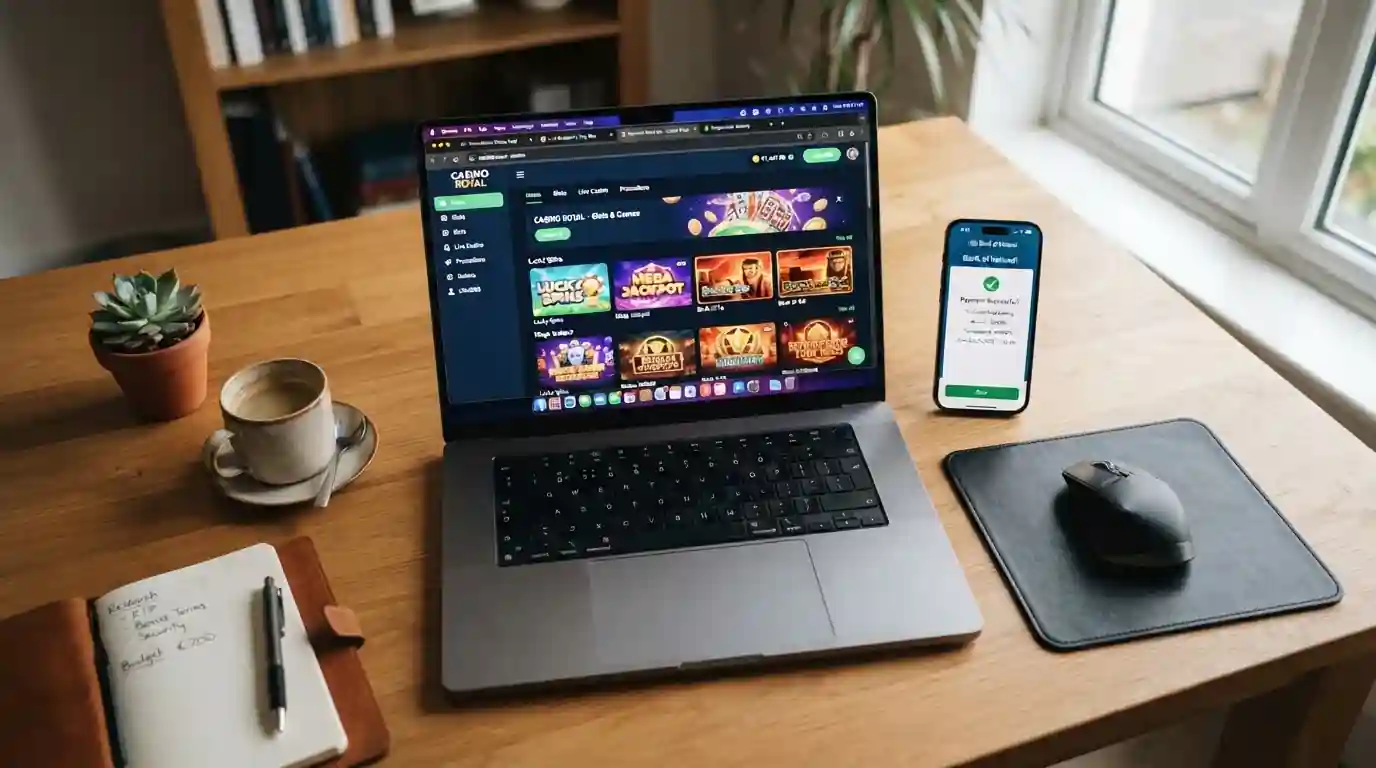 Laptop s otevřenými webovými stránkami různých mezinárodních kasin