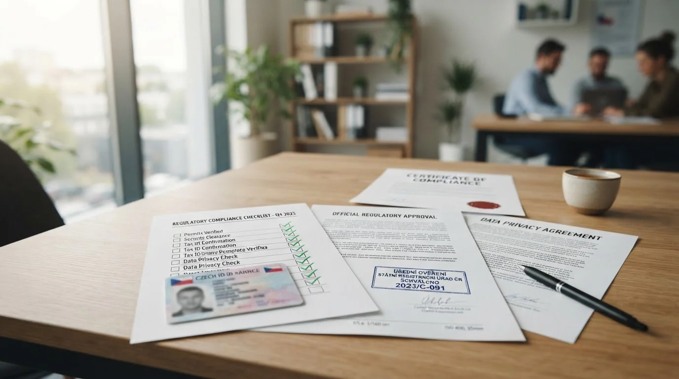 Razítko MFČR licence vedle českého občanského průkazu na stole