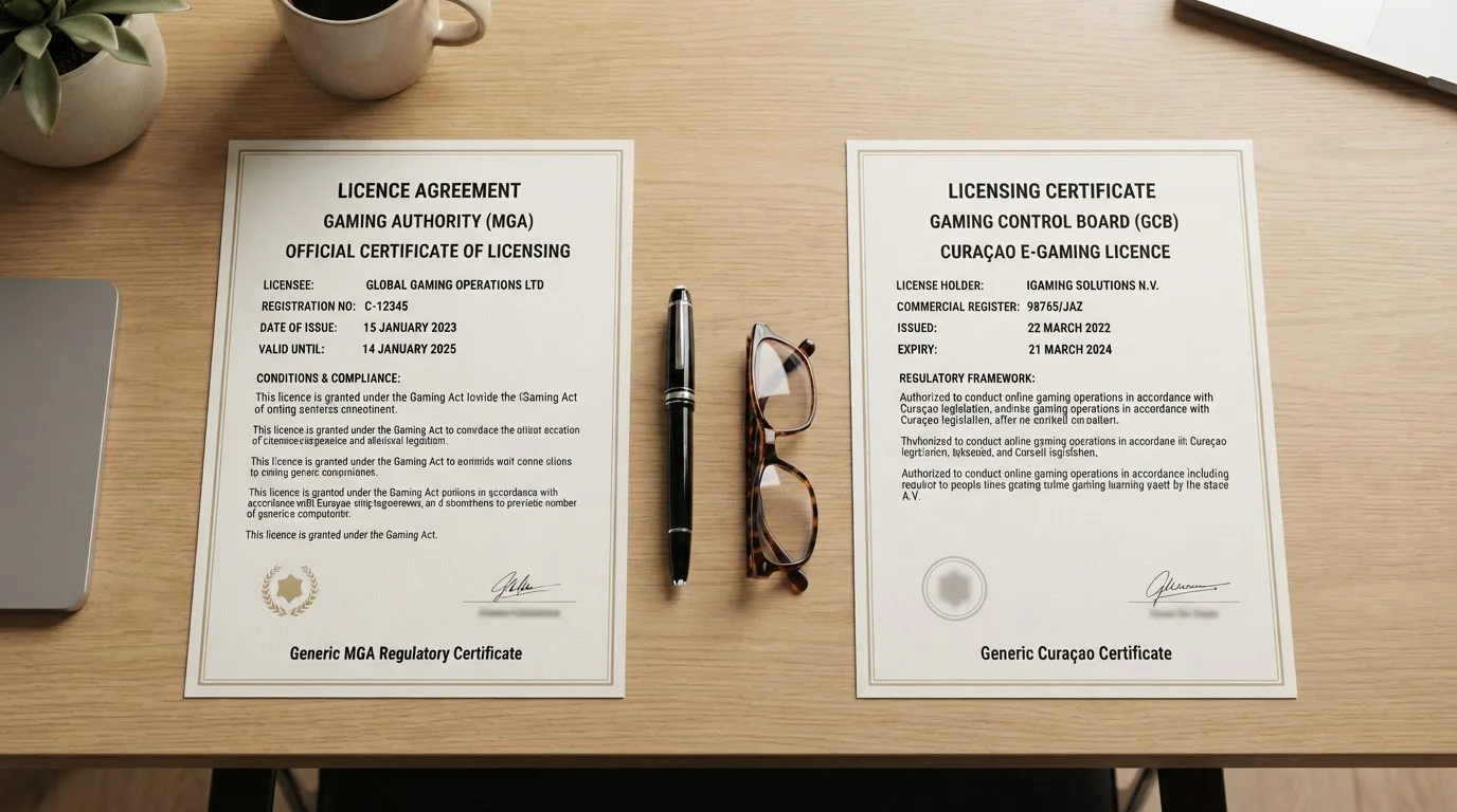 Oficiální licenční dokumenty MGA a Curaçao na stole