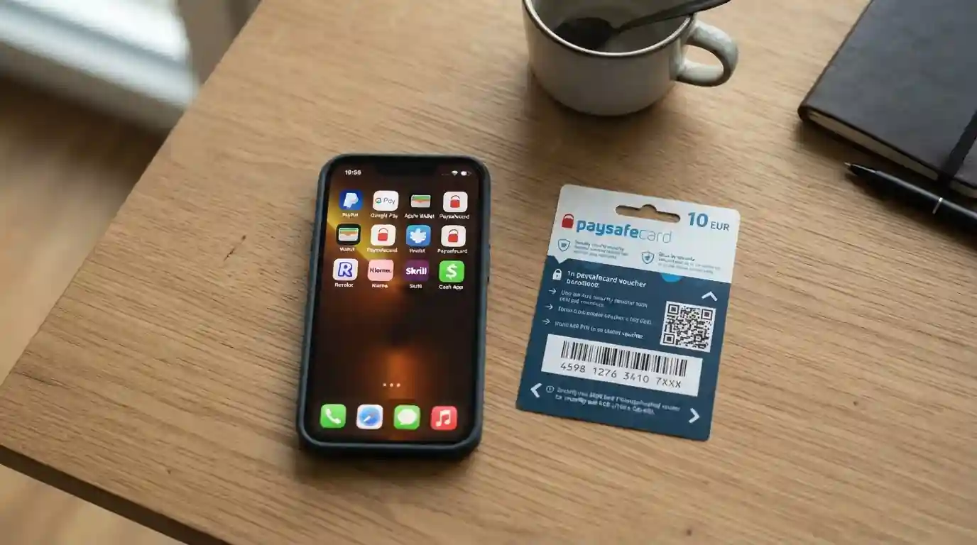 Porovnání mobilních platebních metod na smartphonu vedle Paysafecard voucheru