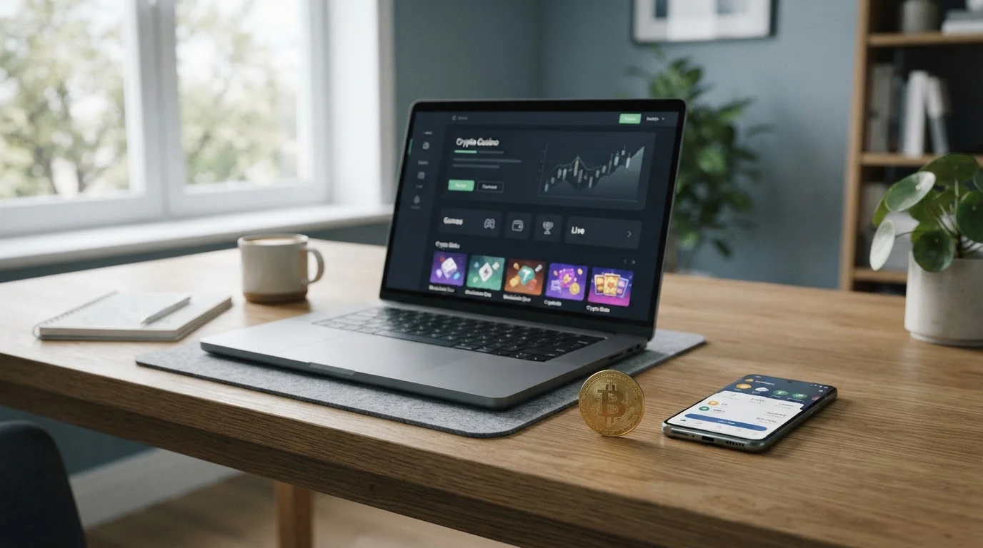 Moderní kancelářský stůl s notebookem zobrazujícím krypto kasino rozhraní a Bitcoin symbolem