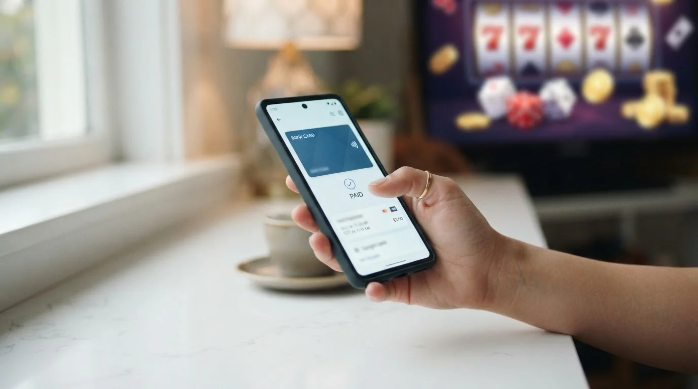 Moderní smartphone s Google Pay aplikací a casino herními symboly na pozadí