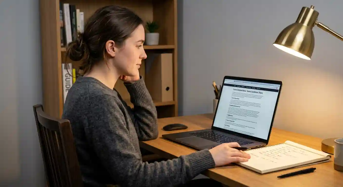 Osoba čte na notebooku podmínky kasino bonusu, záložky prohlížeče ukazují porovnání různých kasin, tužka na poznámkovém papíře