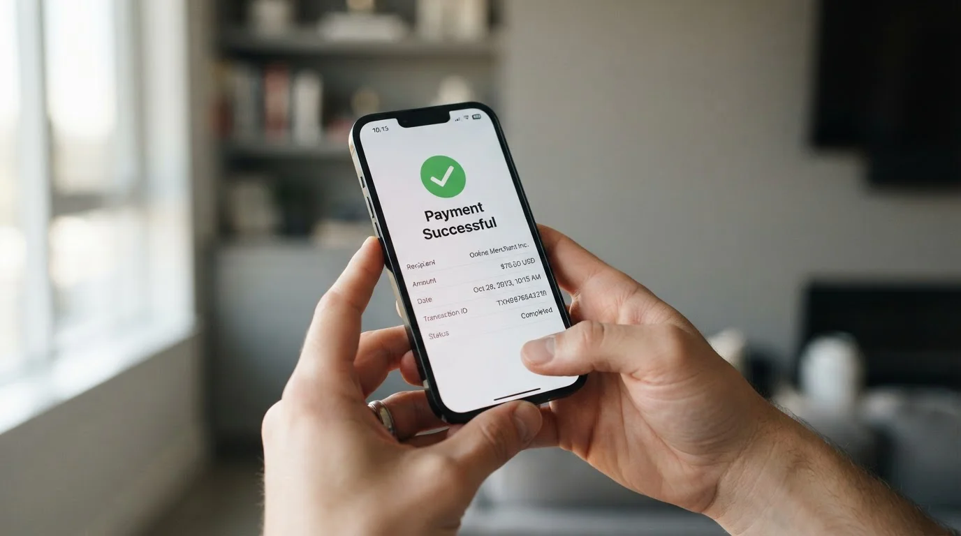Ruce držící smartphone s rozhraním Neteller pokladny, displej ukazuje potvrzení transakce, neutrální pozadí