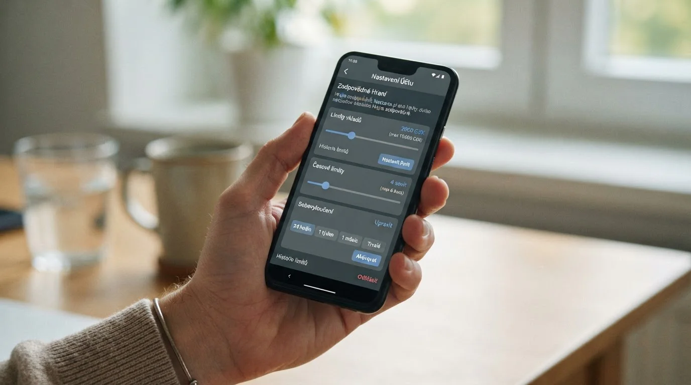 Ruka držící smartphone s odpovědným gambling self-exclusion nastavením