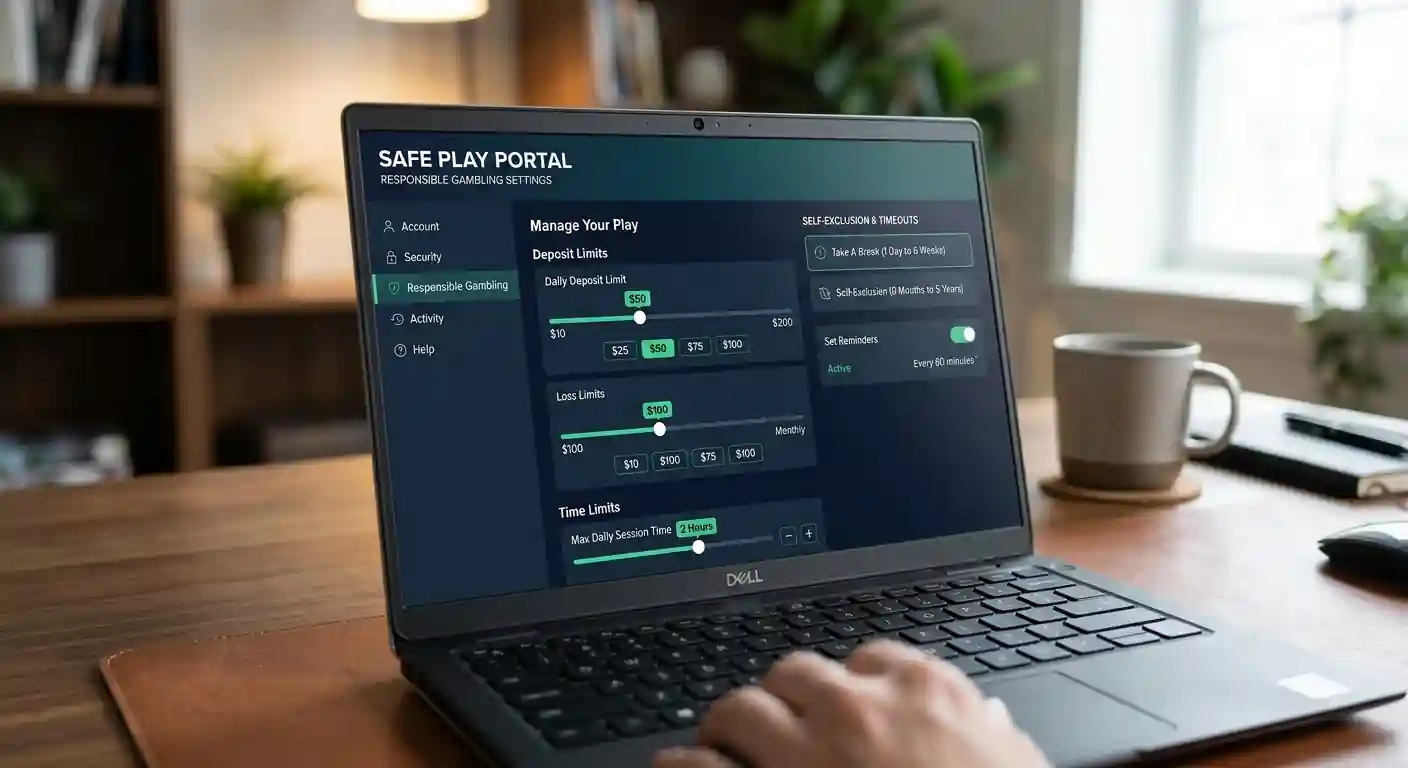 Notebook s otevřeným nastavením deposit limitů a self-exclusion možností