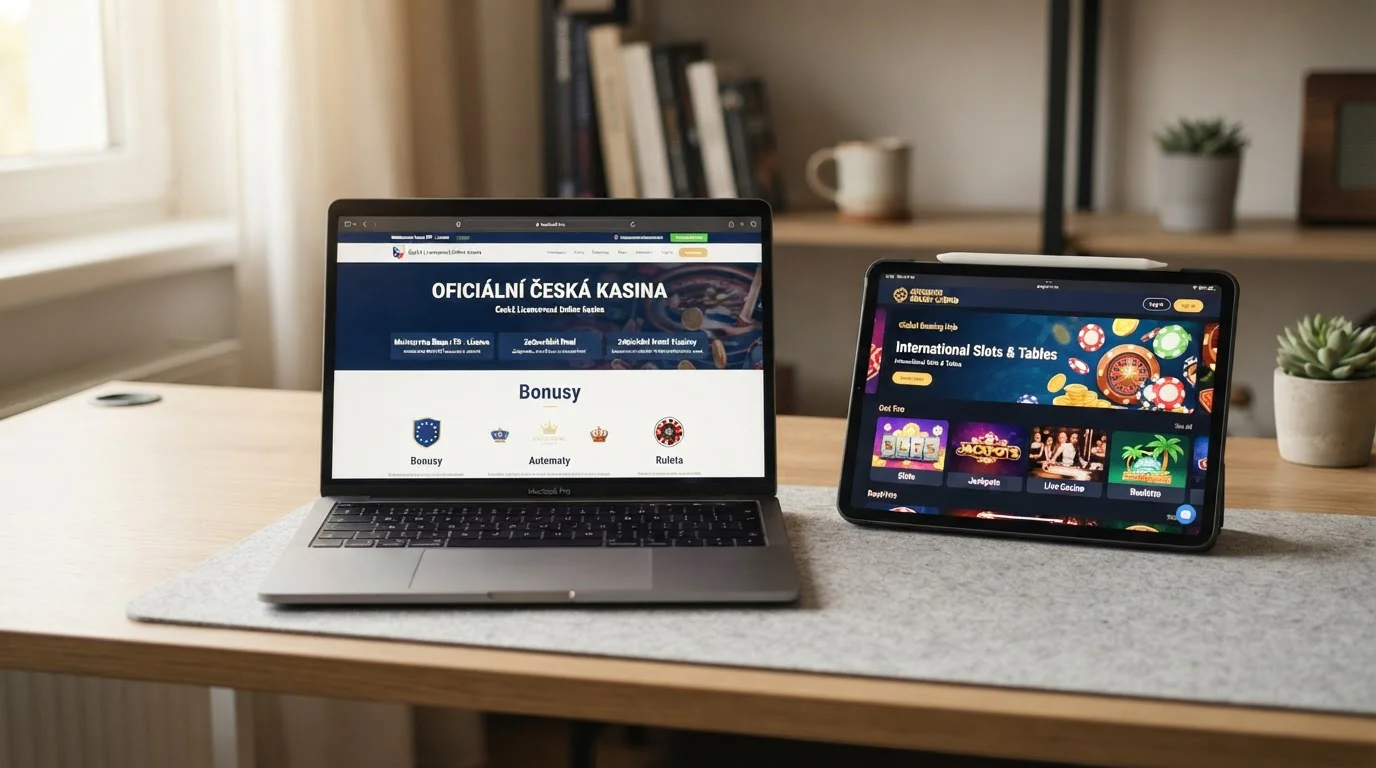 Notebook zobrazující české licencované kasino vedle tabletu s offshore platformou, neutralní porovnání