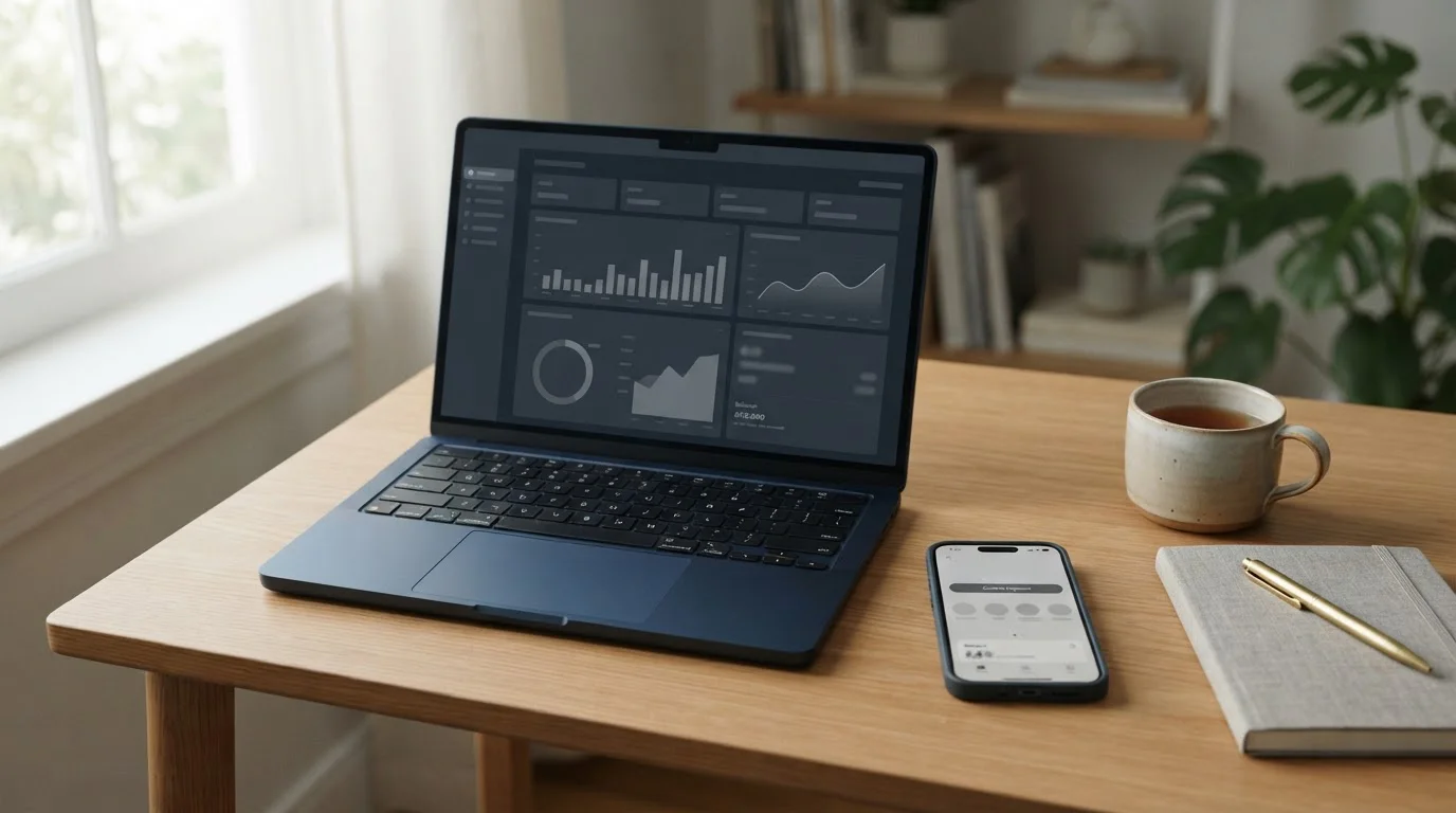 Chytrý telefon s platební aplikací a notebook na stole, motiv online casina s vkladem přes Revolut