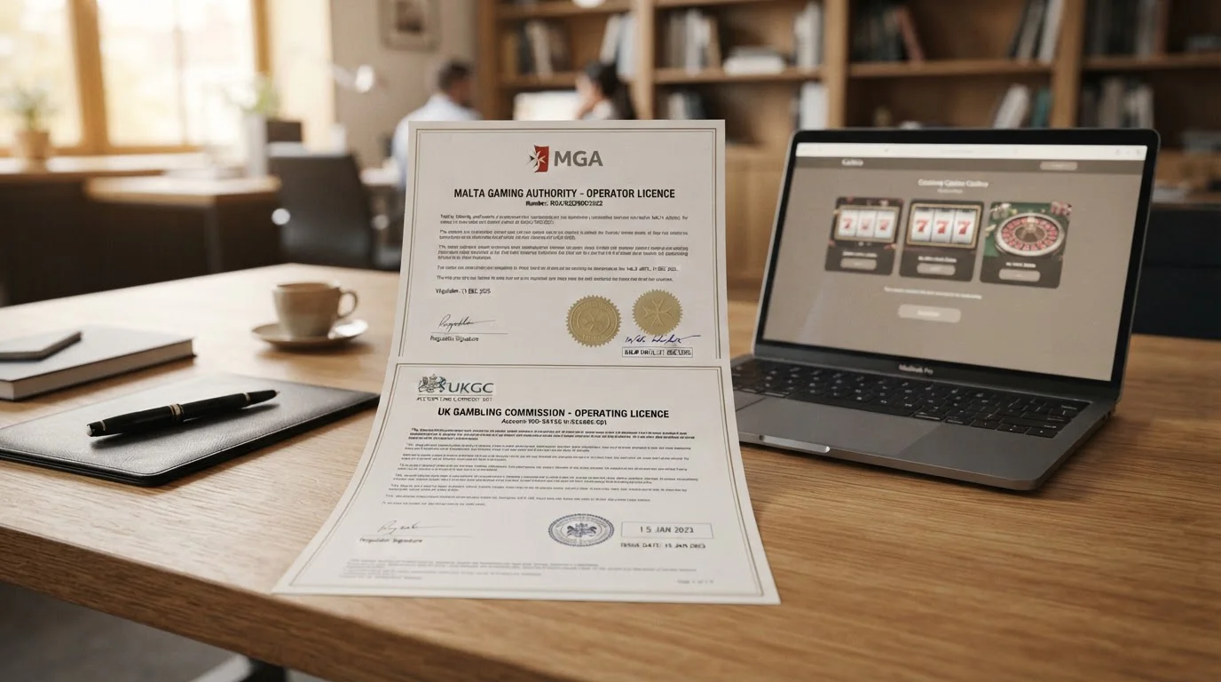 Licenční dokumenty MGA a UKGC vedle laptpu s neutrálním casino rozhraním