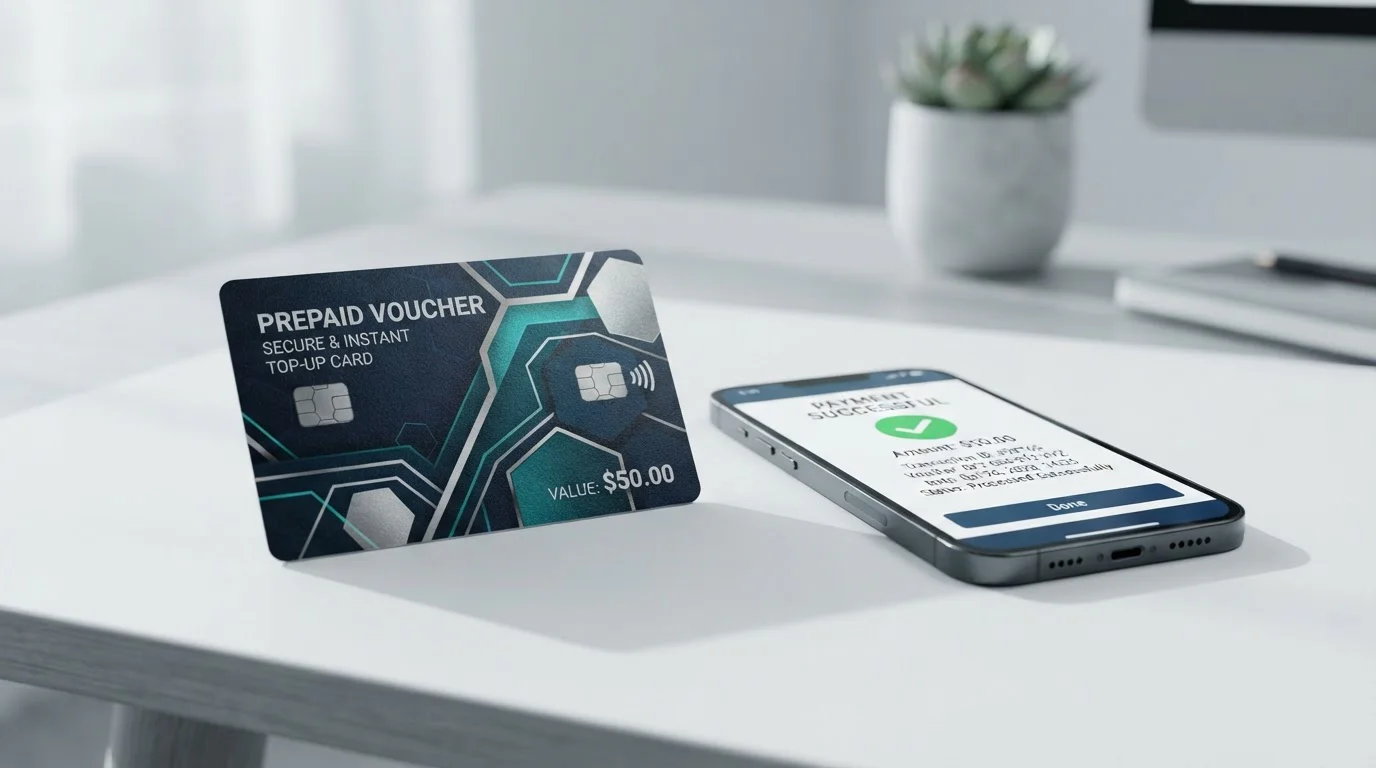 Paysafecard prepaid voucher s bezpečnostním kódem vedle mobilního telefonu