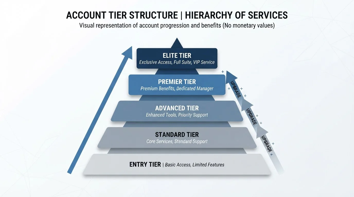 Diagram account tiers s denními limity a poplatky na čistém pozadí