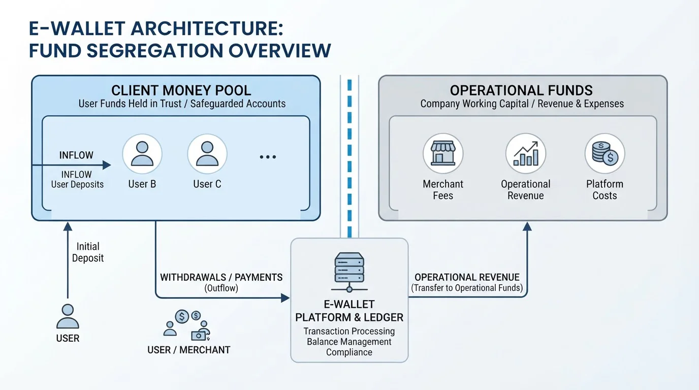 Schematické znázornění e-wallet architektury s oddělenými client funds