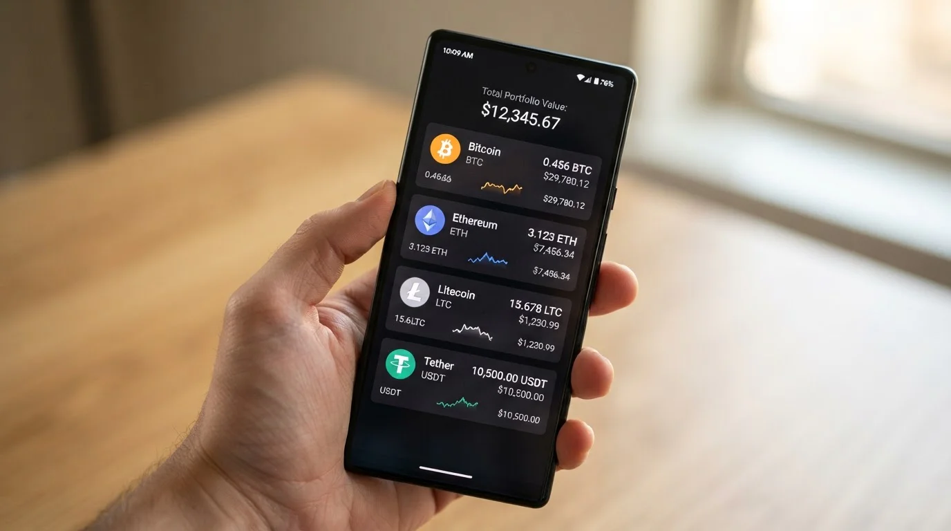 Smartphone s krypto peněženkou zobrazující různé kryptoměny — Bitcoin, Ethereum, Litecoin, USDT