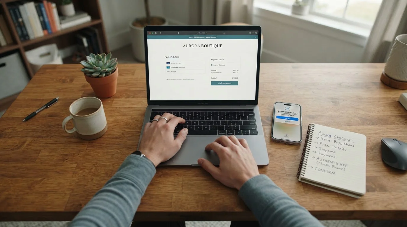 Osoba provádí online vklad na notebooku s mobilním telefonem pro autentizaci