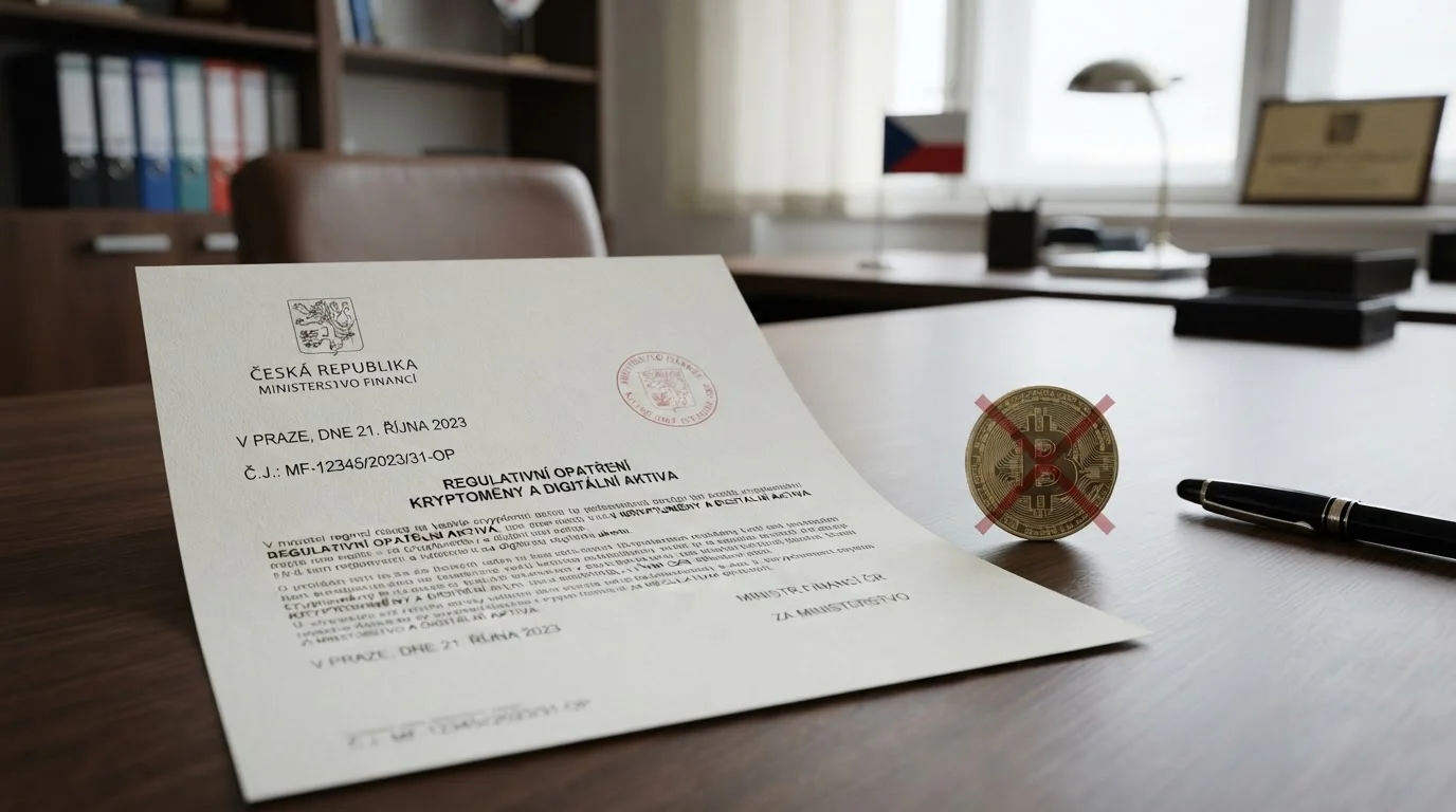Úřední dokument s razítkem Ministerstva financí ČR a symbolem Bitcoin přeškrtnutým