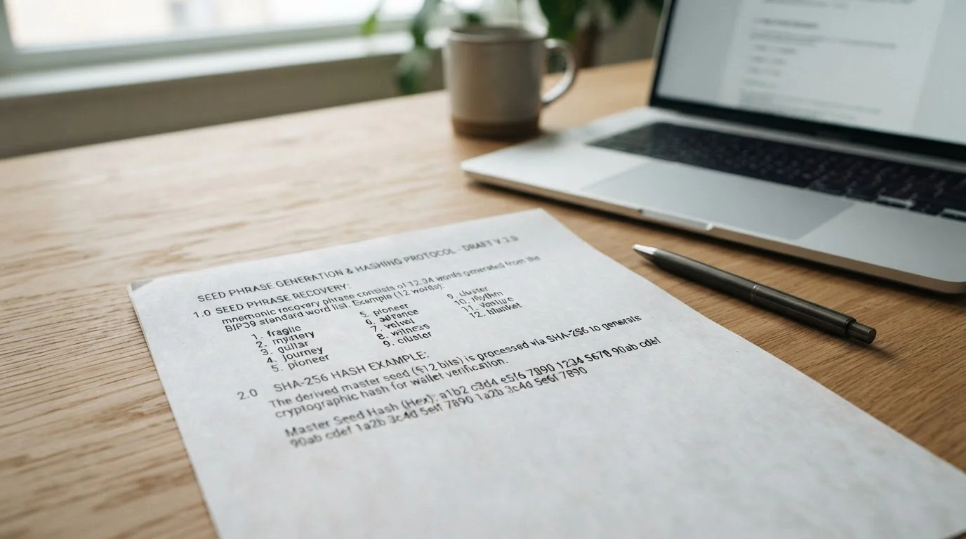 Dokument zobrazující SHA-256 hash a seed phrase pro provably fair verifikaci