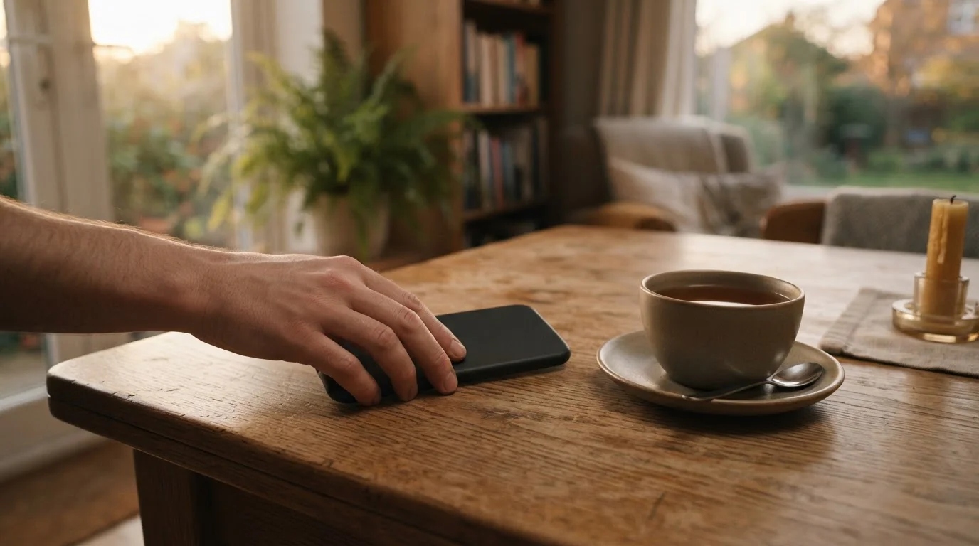 Klidná ruka odkládá telefon s aplikací na stůl, motiv zodpovědného hraní a kontroly nad hraním