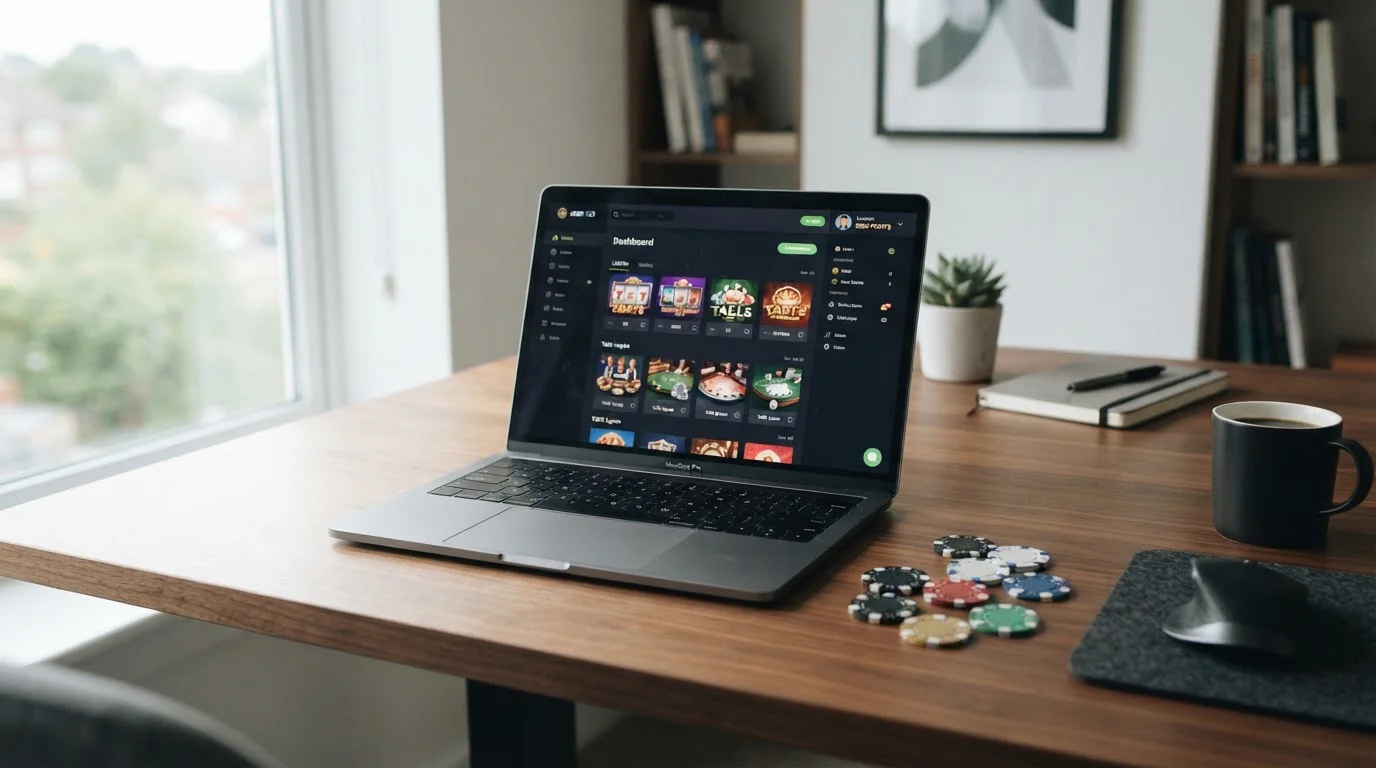Moderní laptop s otevřenou casino platformou a symbolickými žetony na stole