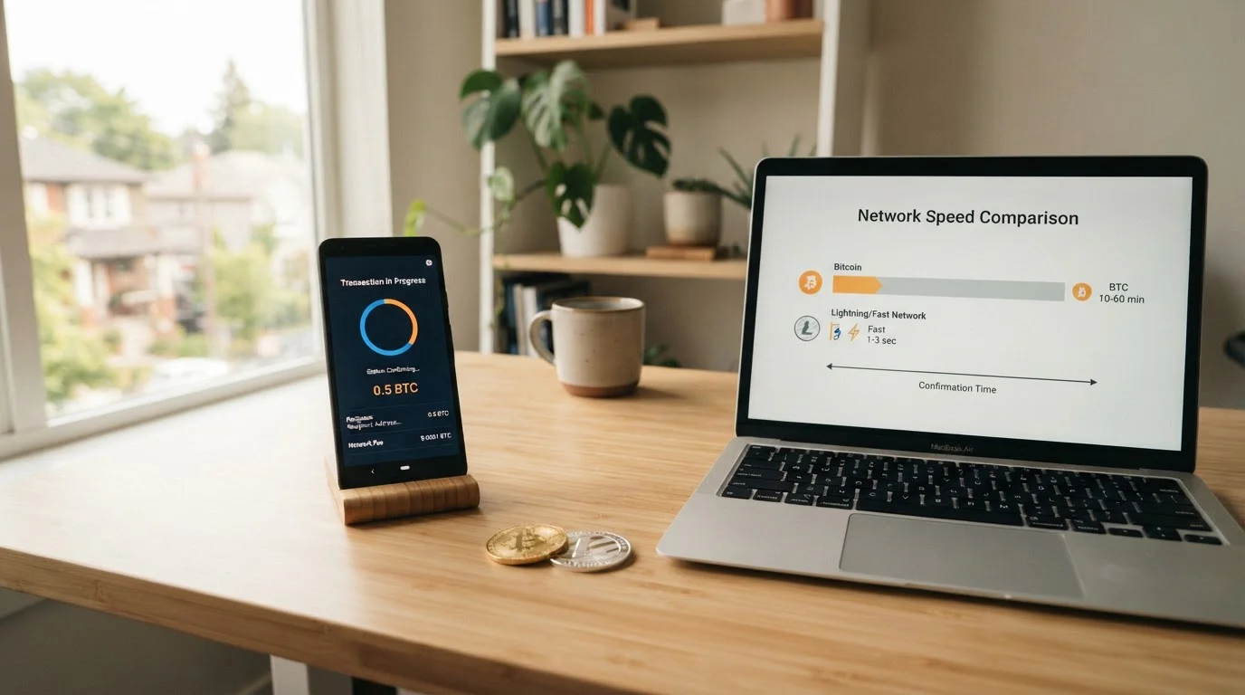 Smartphone s crypto transakcí v průběhu a laptop s grafem rychlosti transakcí