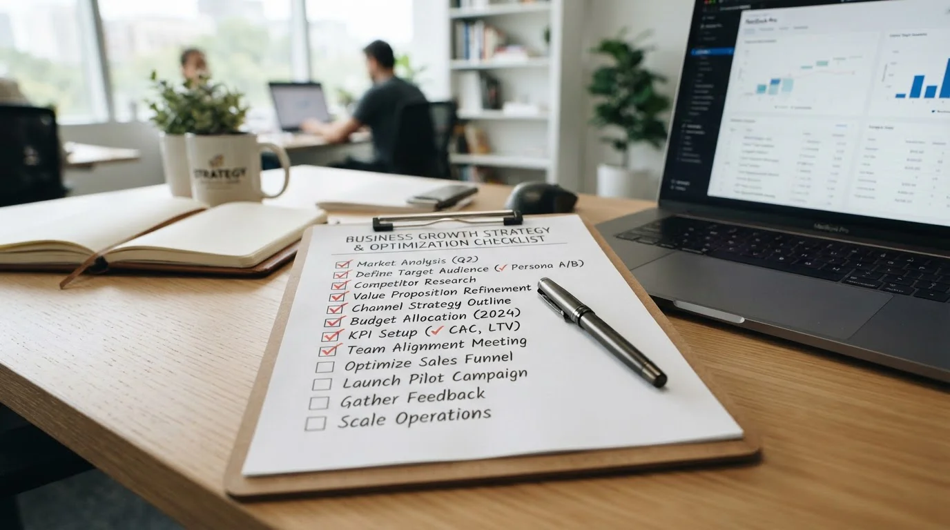 Checklist s checkmarky na clipboardu vedle notebooku